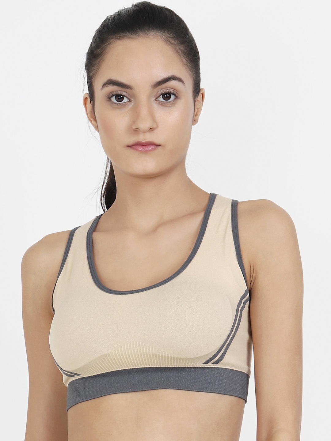 

Lebami Beige Solid Non-Wired Removable Padding Workout Bra 3606 Skin_30C