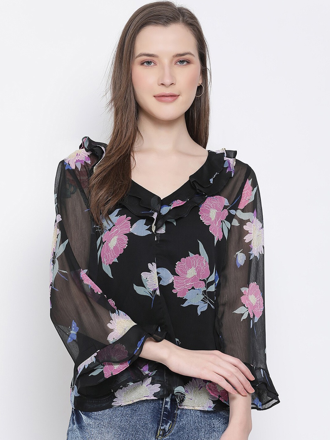 

Oxolloxo Black & Pink Floral Printed Puff Sleeves Top