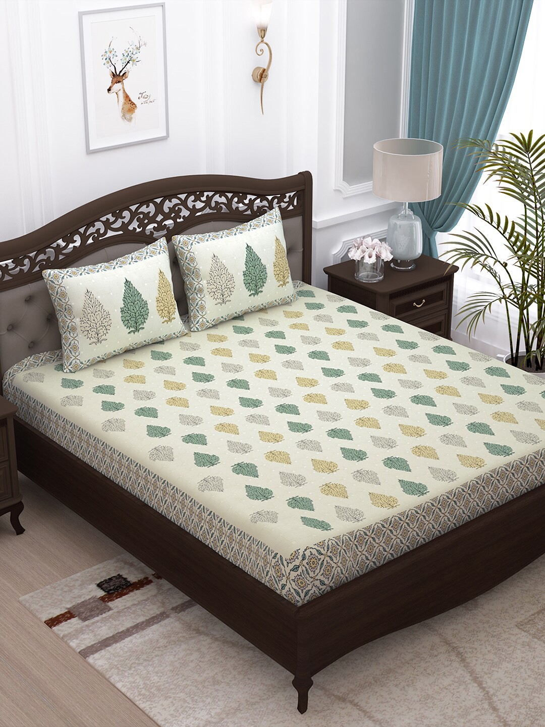 

Story@home Off-White & Green Ethnic Motifs 152 TC Cotton 1 King Bedsheet with 2 Pillow Covers