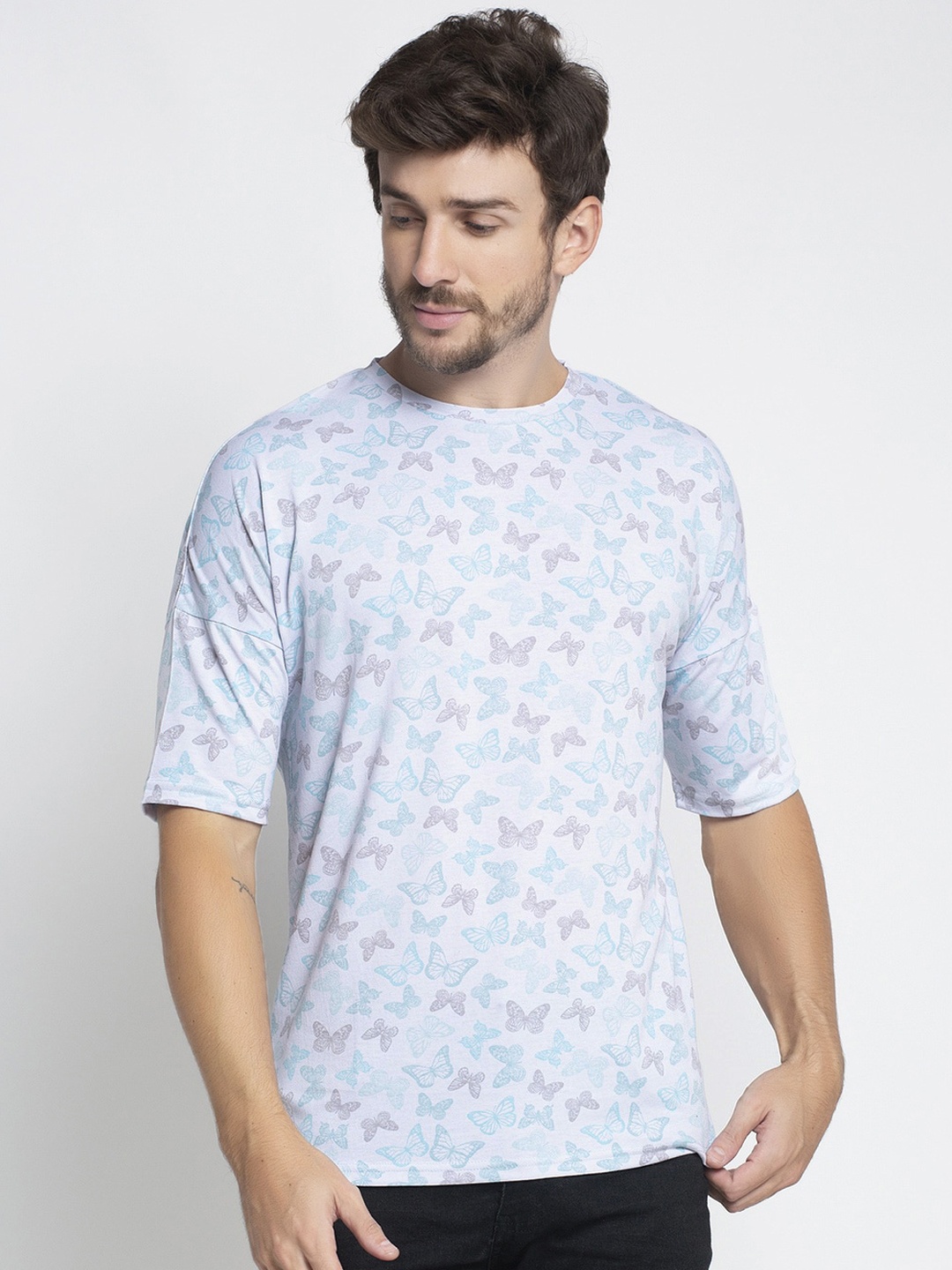 

DOOR74 Men Blue Printed Round Neck T-shirt