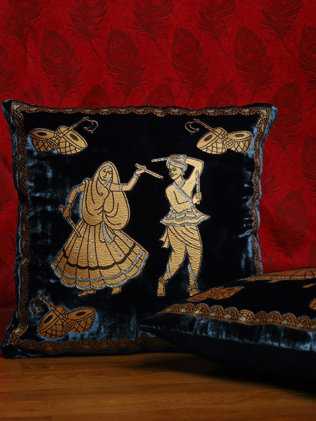 

HOSTA HOMES Blue & Camel Brown Set of 2 Ethnic Motifs Square Cushion Covers