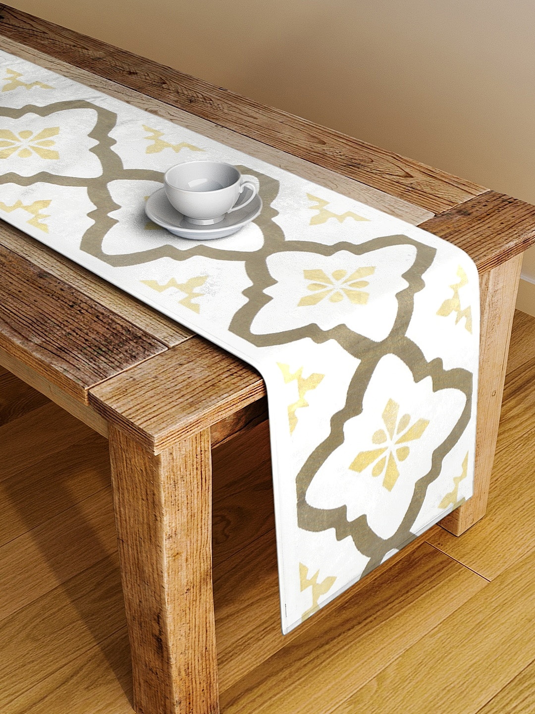 BLANC9 White & Brown Printed Cotton Table Runner
