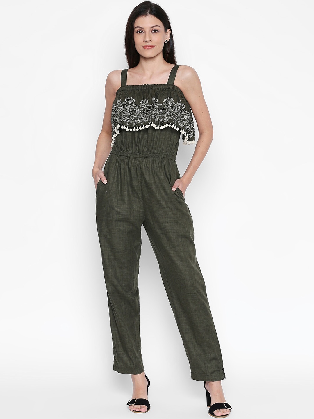 

People Women Olive Green & White Printed Basic Jumpsuit