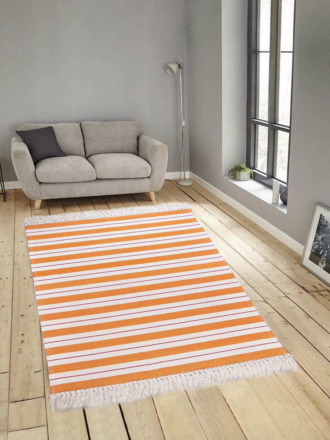 

BLANC9 Orange & White Striped Water Resistant Cotton Dhurrie
