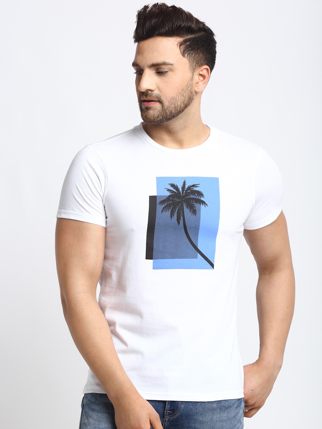 

DOOR74 Men White Printed Round Neck T-shirt
