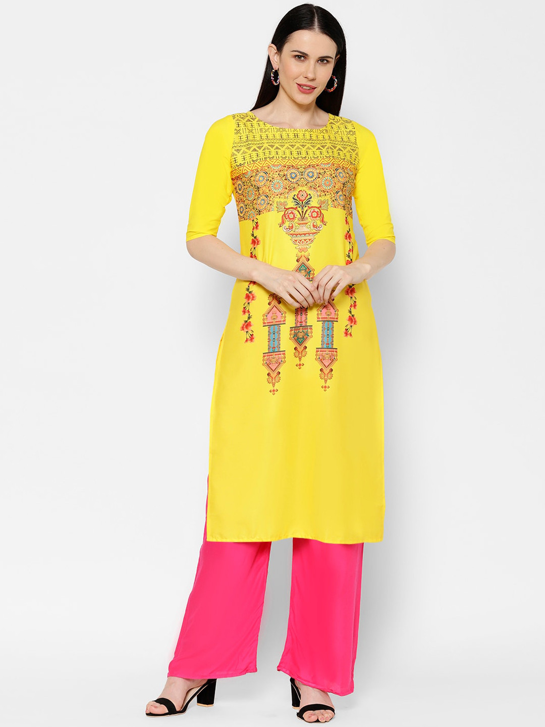 

7Threads Women Yellow Ethnic Motifs Printed Crepe Kurta