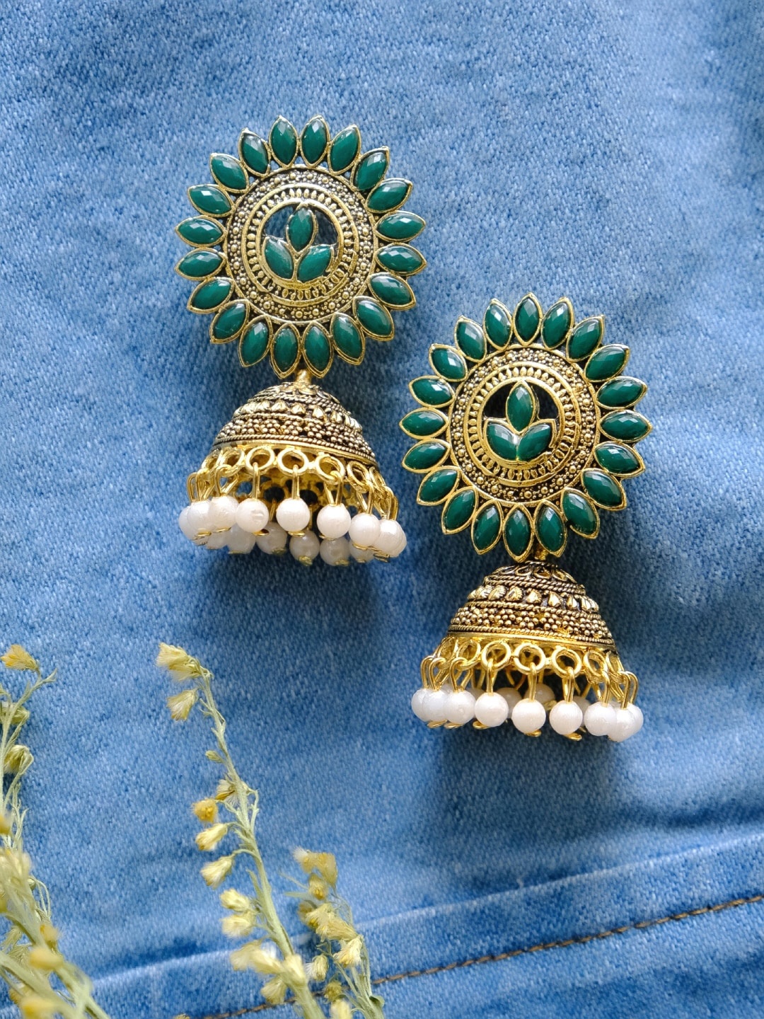 

Crunchy Fashion Green Gold Plated Contemporary Jhumkas