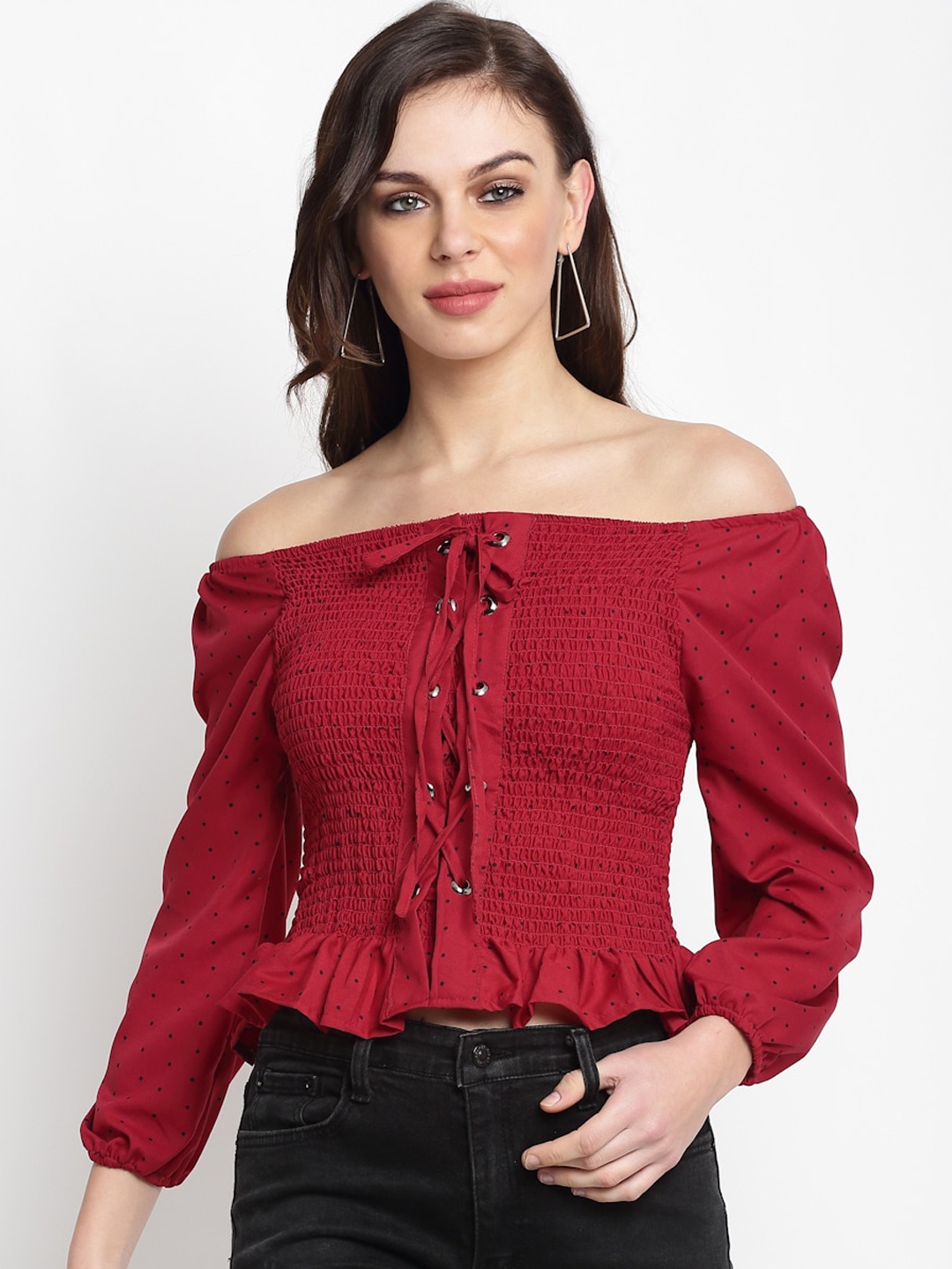 

Miaz Lifestyle Women Maroon Printed Off-Shoulder Crepe Bardot Top