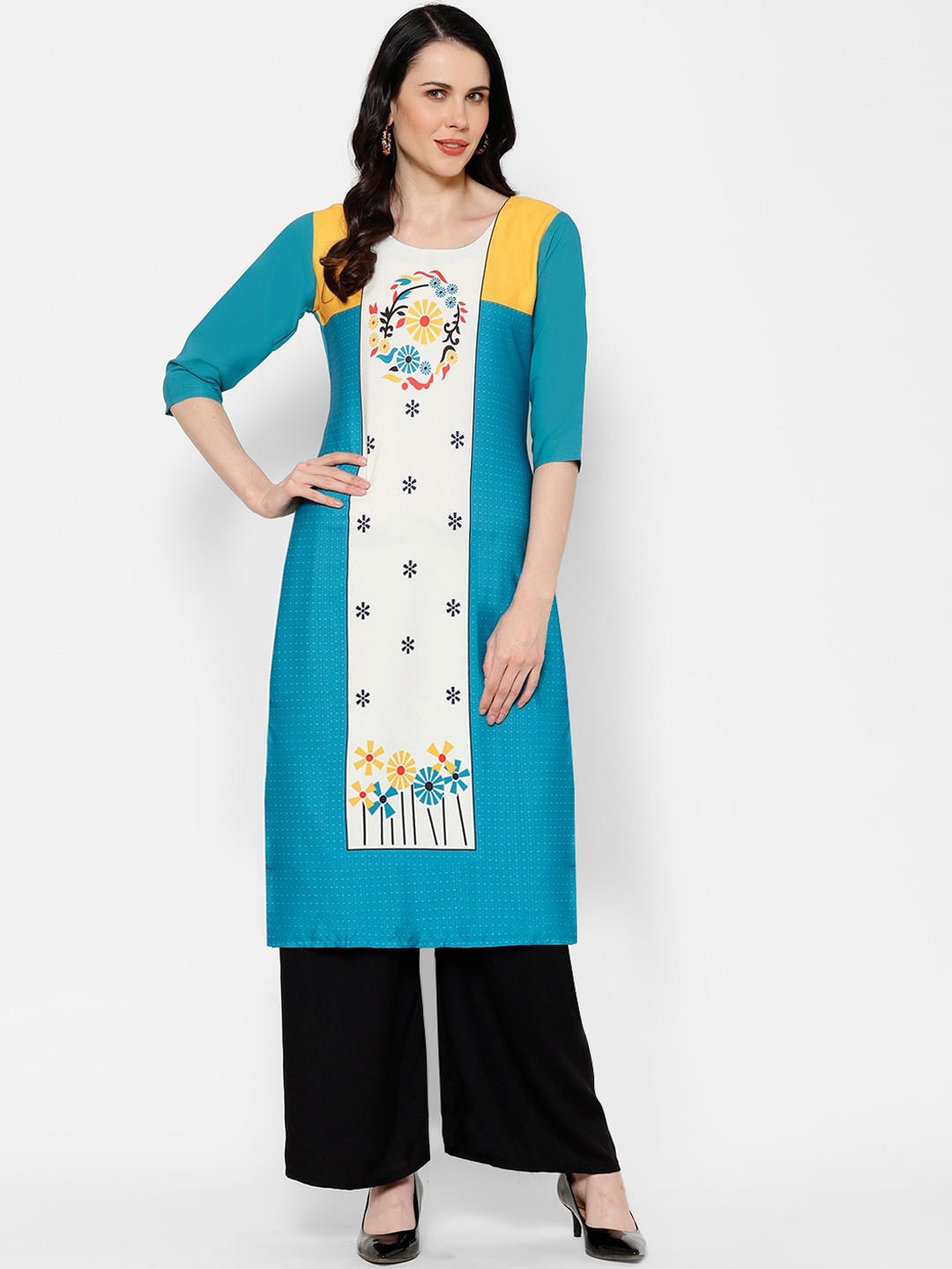 

7Threads Women Turquoise Blue Ethnic Motifs Printed Crepe Kurta