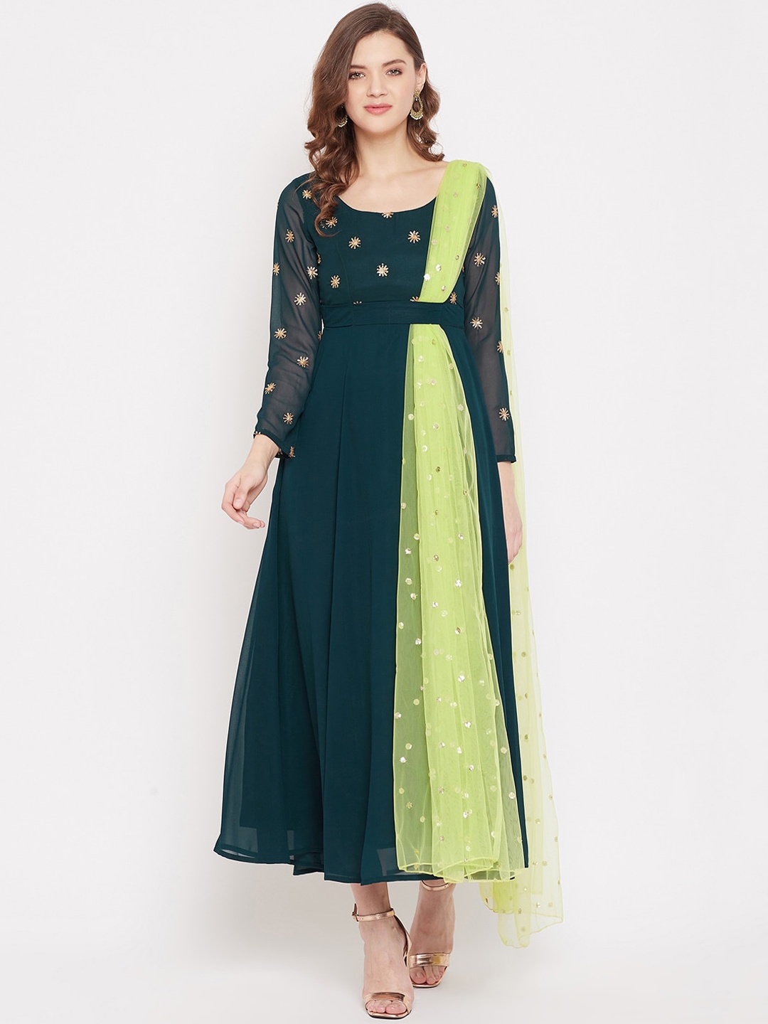 

PANIT Women Green Embellished Maxi Dress With Dupatta