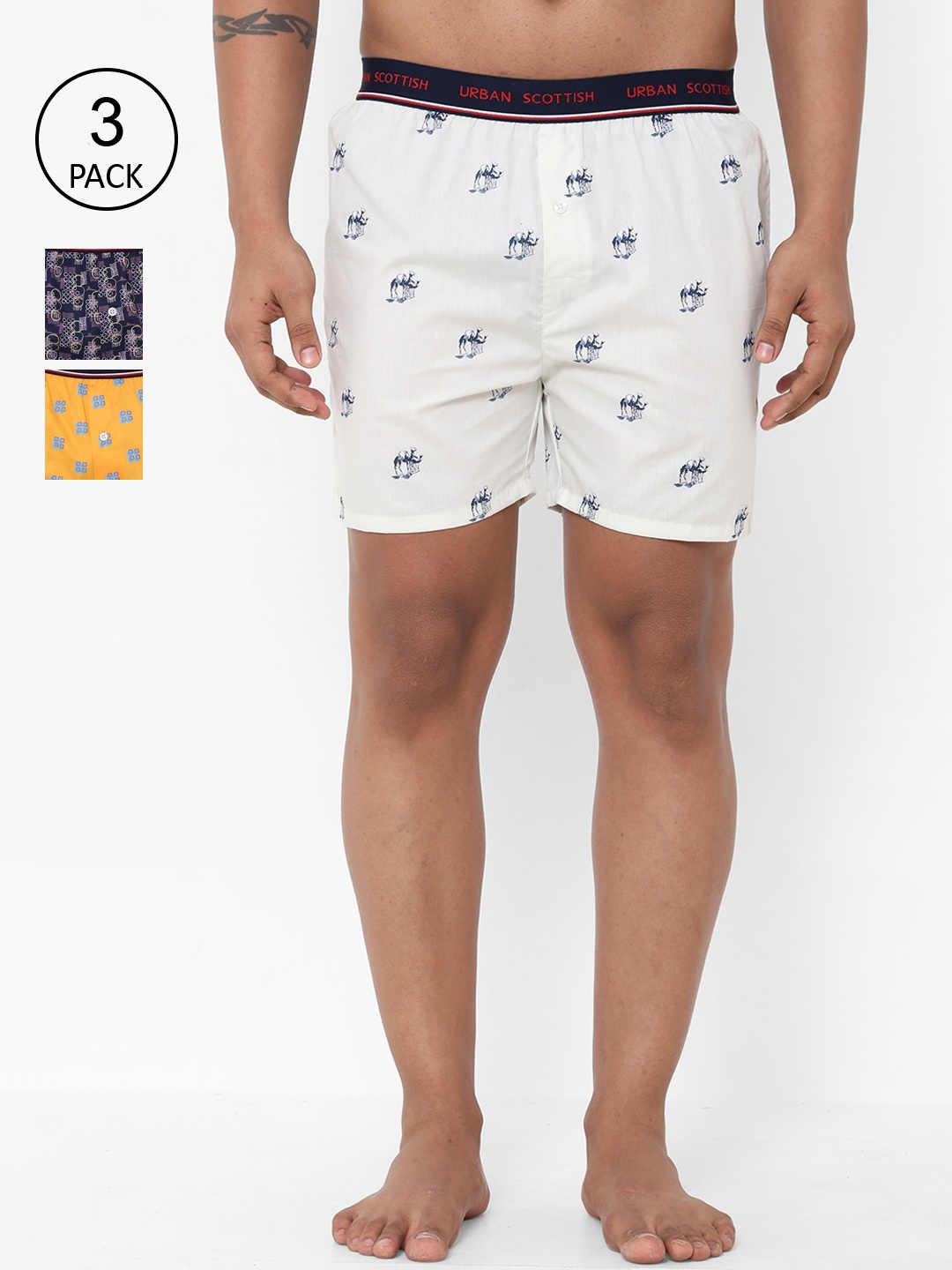 

URBAN SCOTTISH Men Pack Of 3 Printed Boxers USBX2104, Yellow