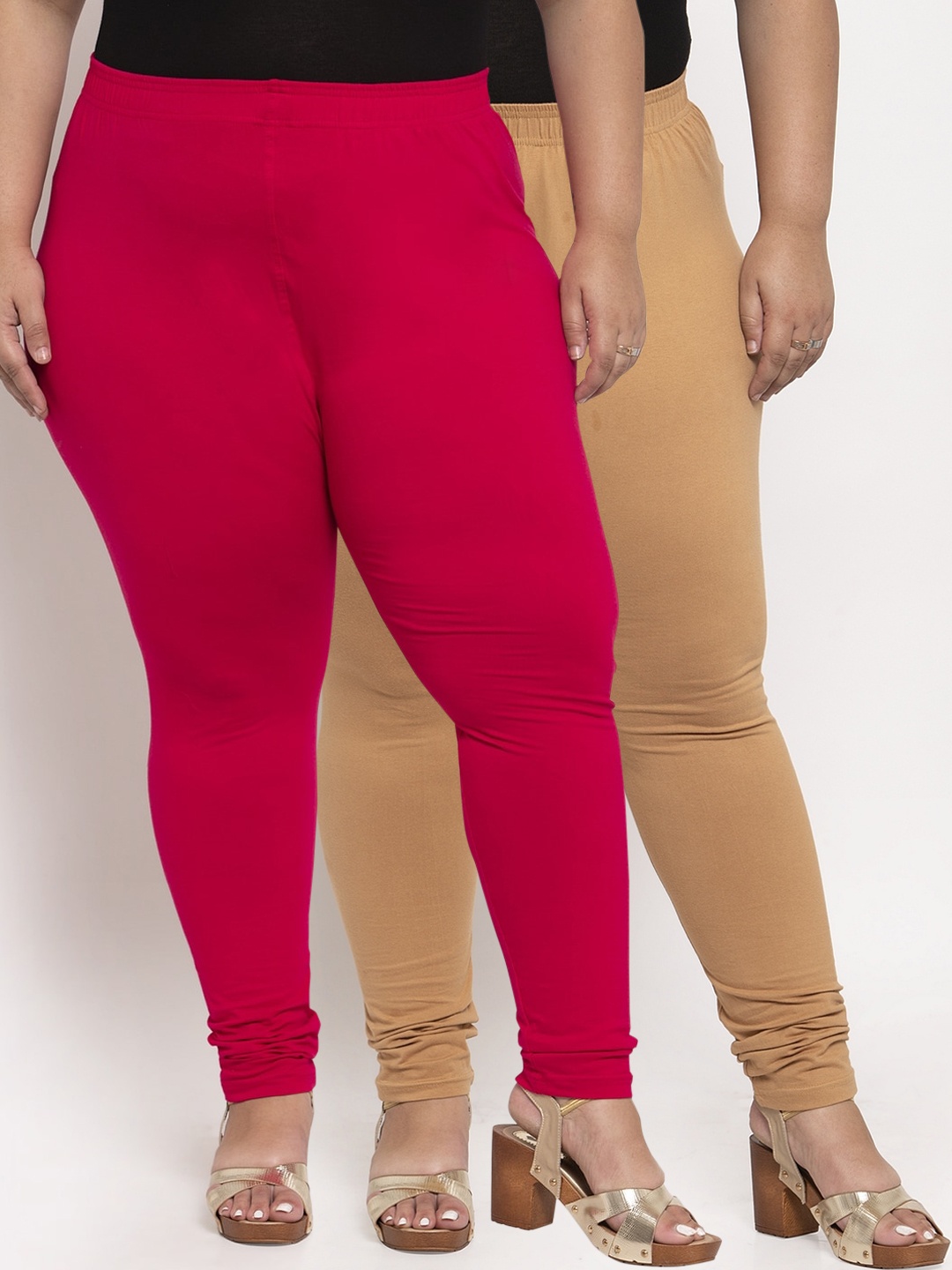 

TAG 7 PLUS Women Pack Of 2 Solid Ankle-Length Plus Size Leggings, Beige