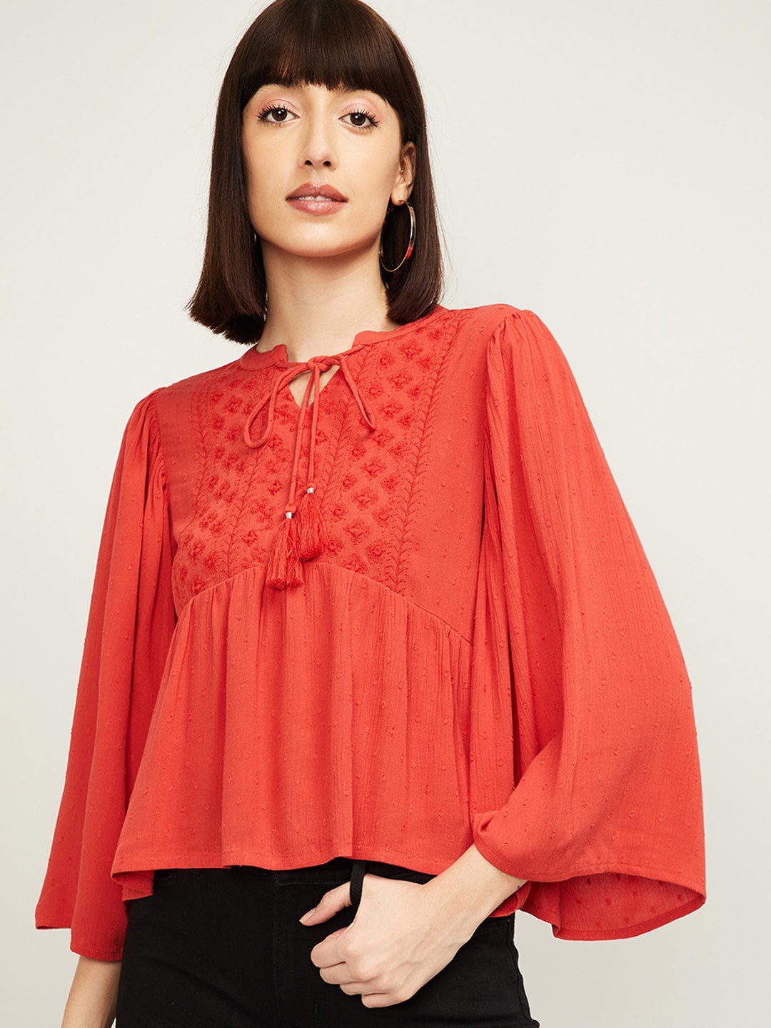 

Ginger by Lifestyle Red Embroidered Tie-Up Neck Flared Sleeves Top