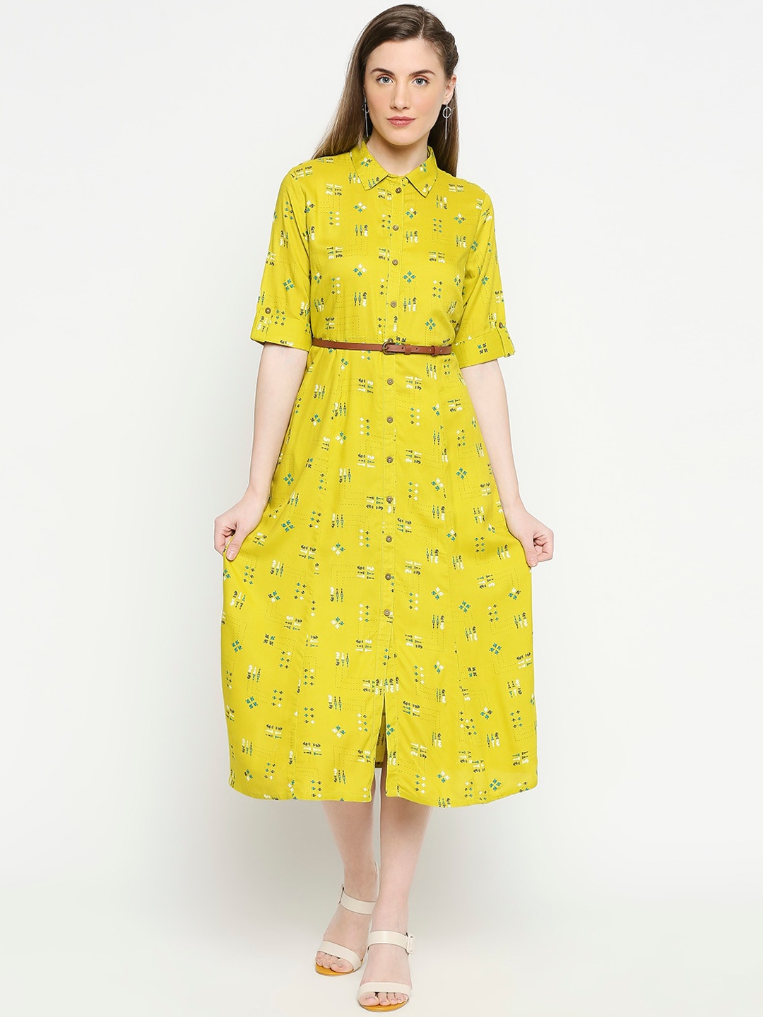 

AKKRITI BY PANTALOONS Women Lime Green Printed Shirt Dress