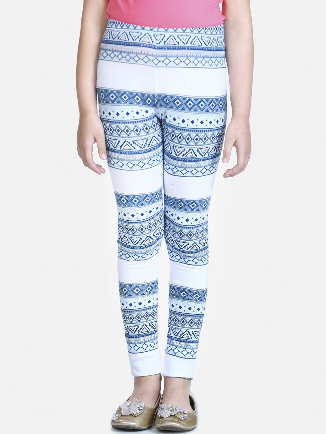 

Naughty Ninos Girls White & Blue Printed Ankle-Length Leggings