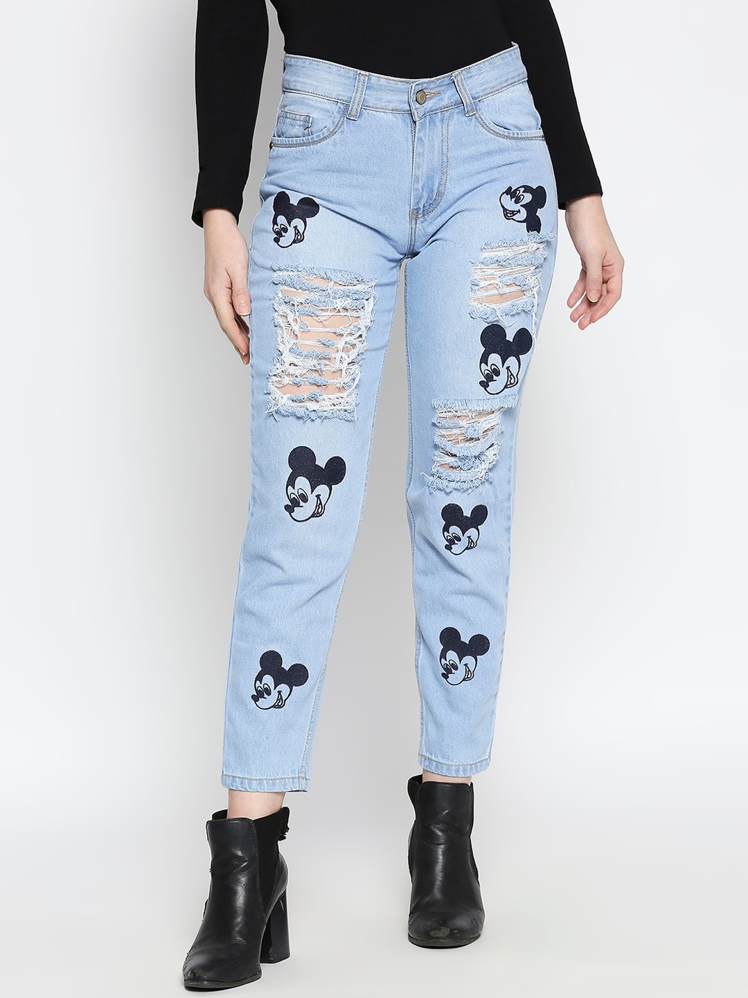 

AMMARZO Women Blue Slim Fit Mid-Rise Highly Mickey Mouse Printed Distressed Jeans