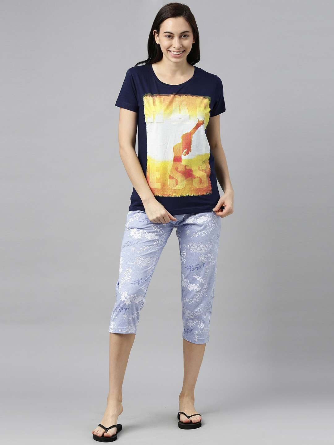 

Kryptic Women Navy Blue & Yellow Printed Night suit