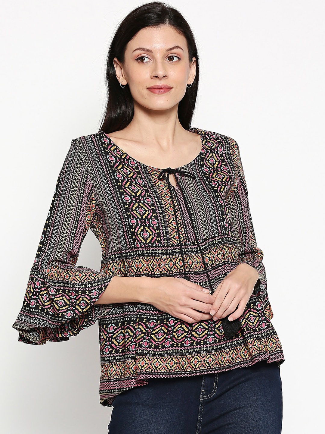 

People Black Geometric Printed Tie-Up Neck Bell Sleeves Top