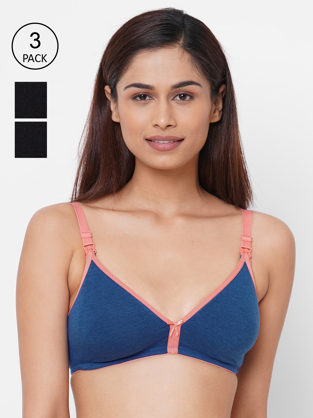 Inner Sense Pack Of 3 Blue & Black Solid Non-Wired Non Padded Maternity Bras