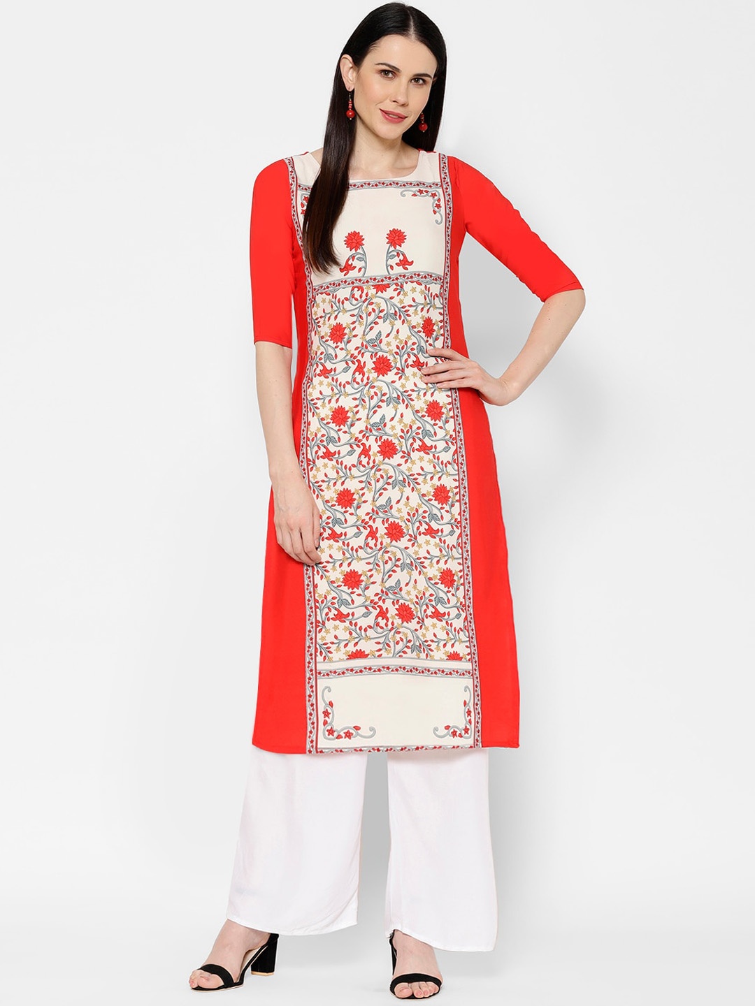 

7Threads Women Red Floral Printed Crepe Kurta