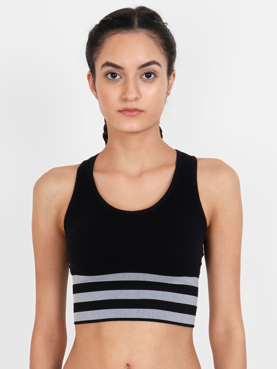 

Lebami Black Striped Non-Wired Removable Padding Workout Bra Stripes Bra Black_30C