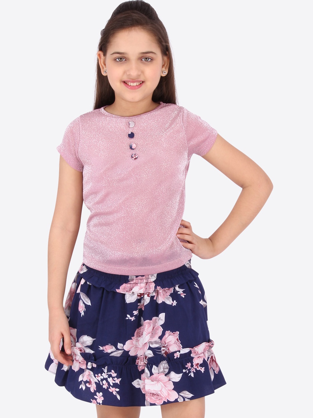 

CUTECUMBER Girls Navy Blue & Lavender Solid Top with Skirt