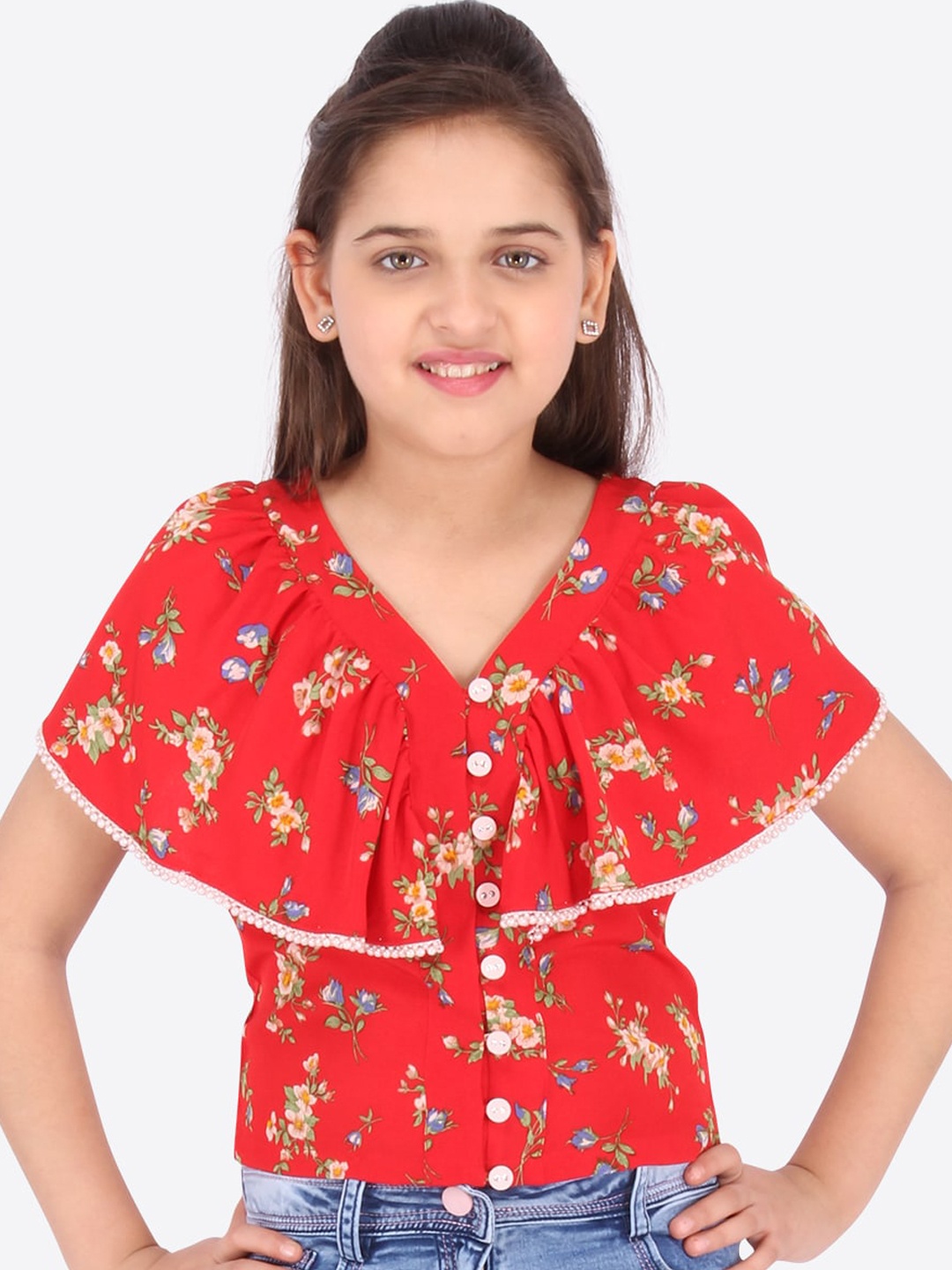 

CUTECUMBER Girls Red Floral Printed Cape Sleeves Top