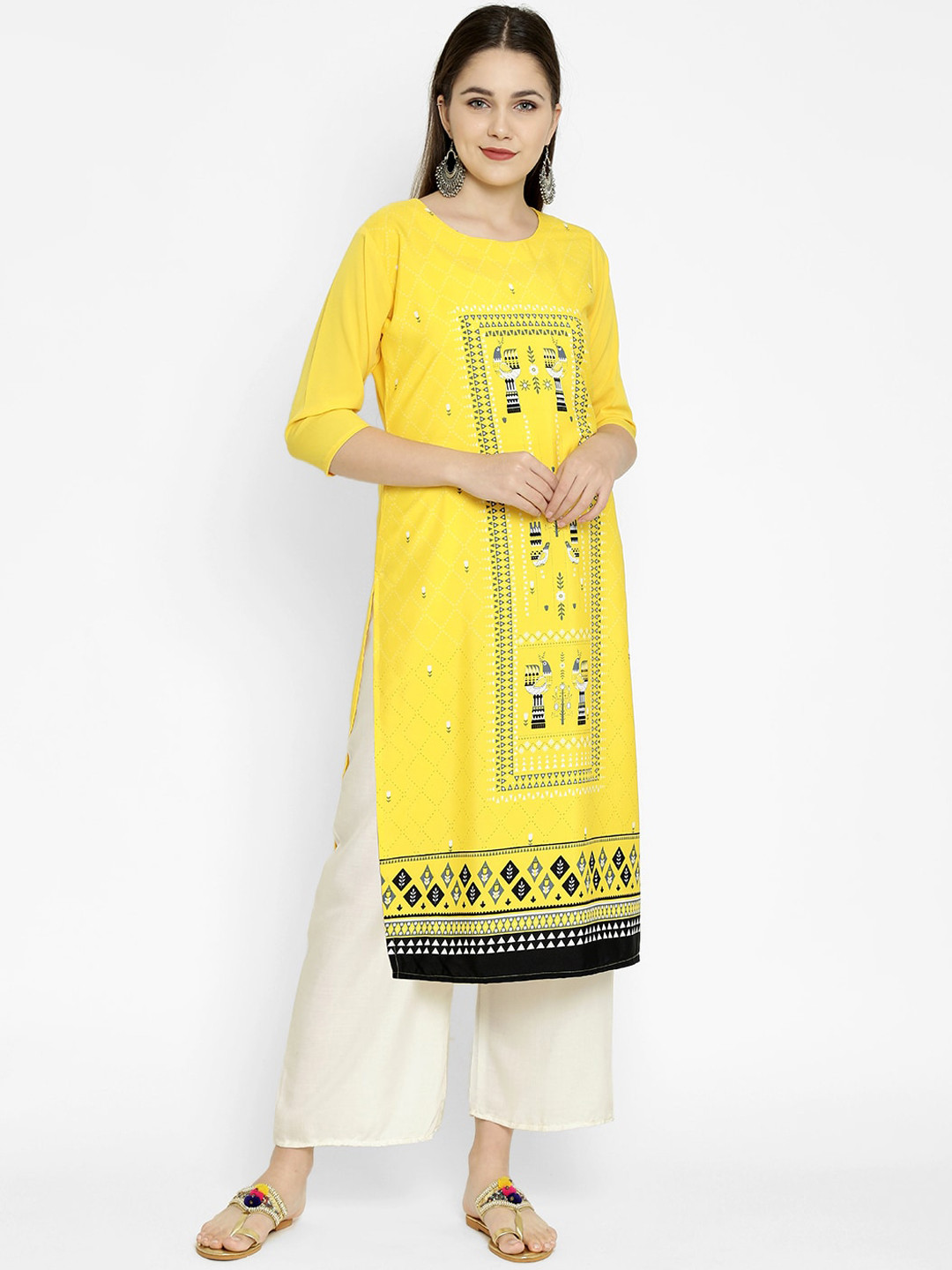 

7Threads Women Yellow Printed Crepe Straight Kurta