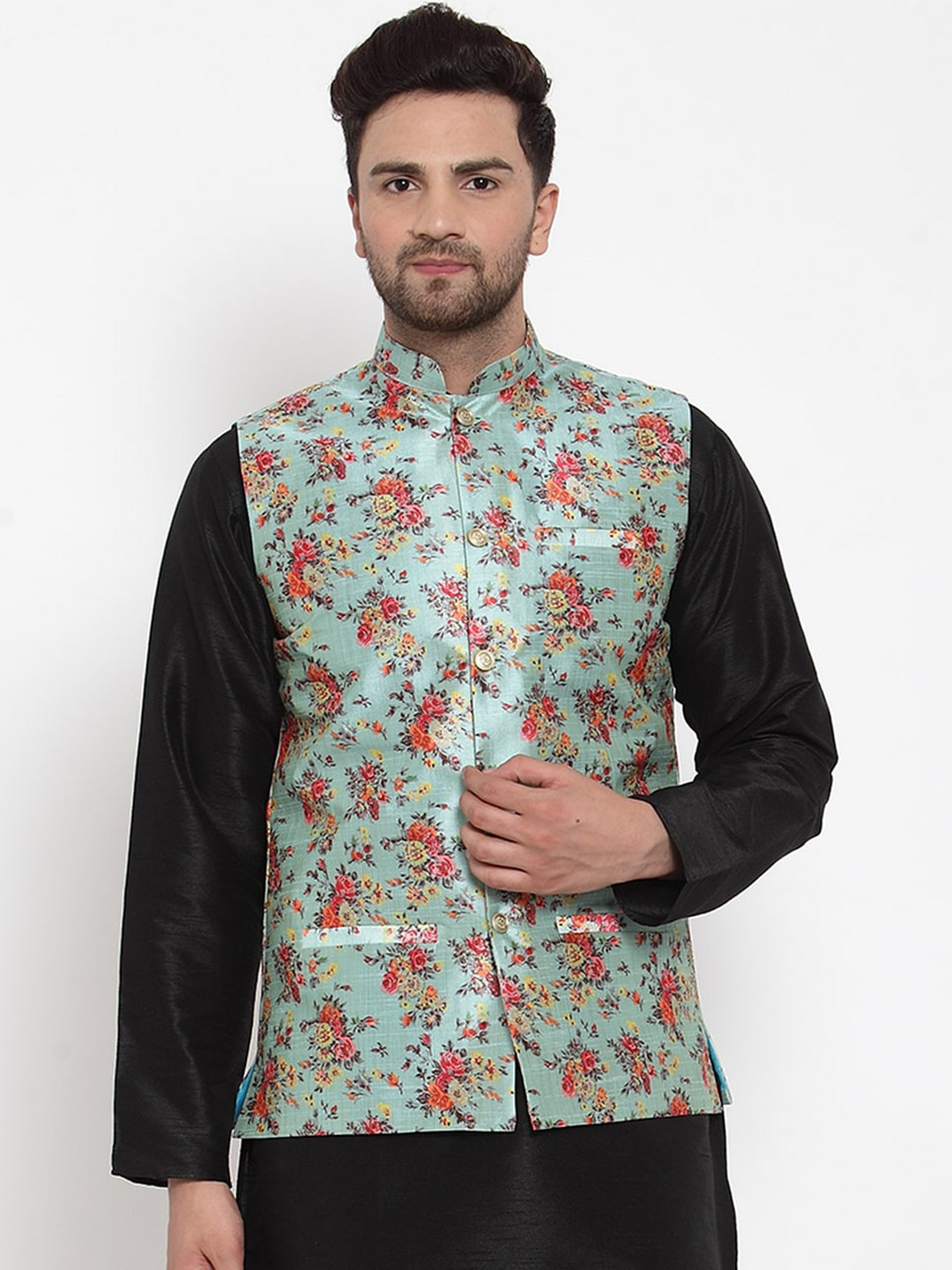 

GRACIT Men Green & Pink Floral Printed Woven Nehru Jacket