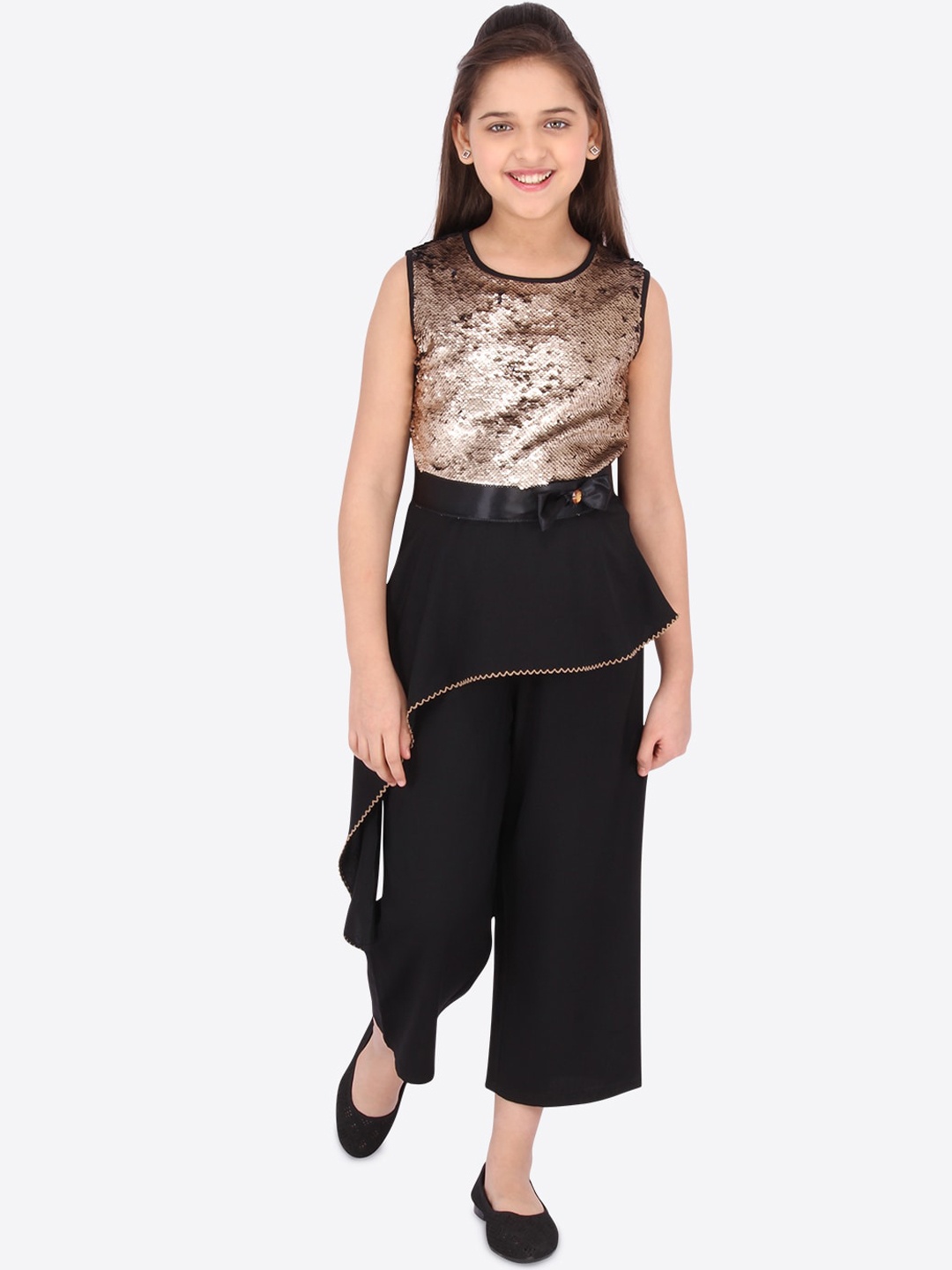 

CUTECUMBER Girls Black & Gunmetal-Toned Solid Basic Jumpsuit