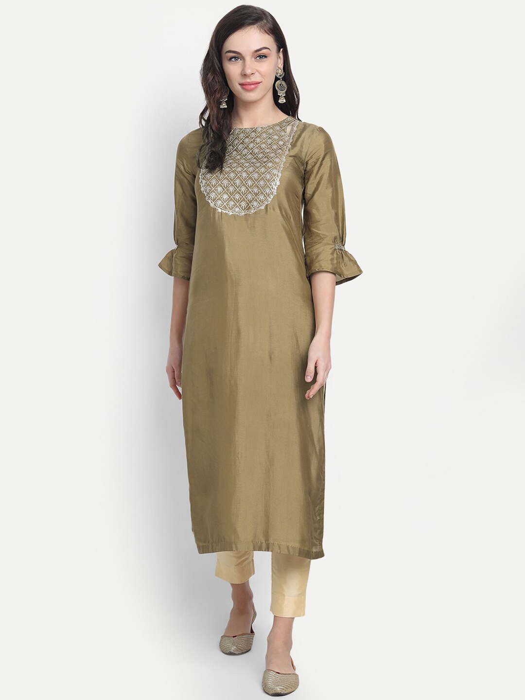 

fabGLOBAL Women Gold-Toned Ethnic Motifs Yoke Design Flared Sleeves Handloom Kurta