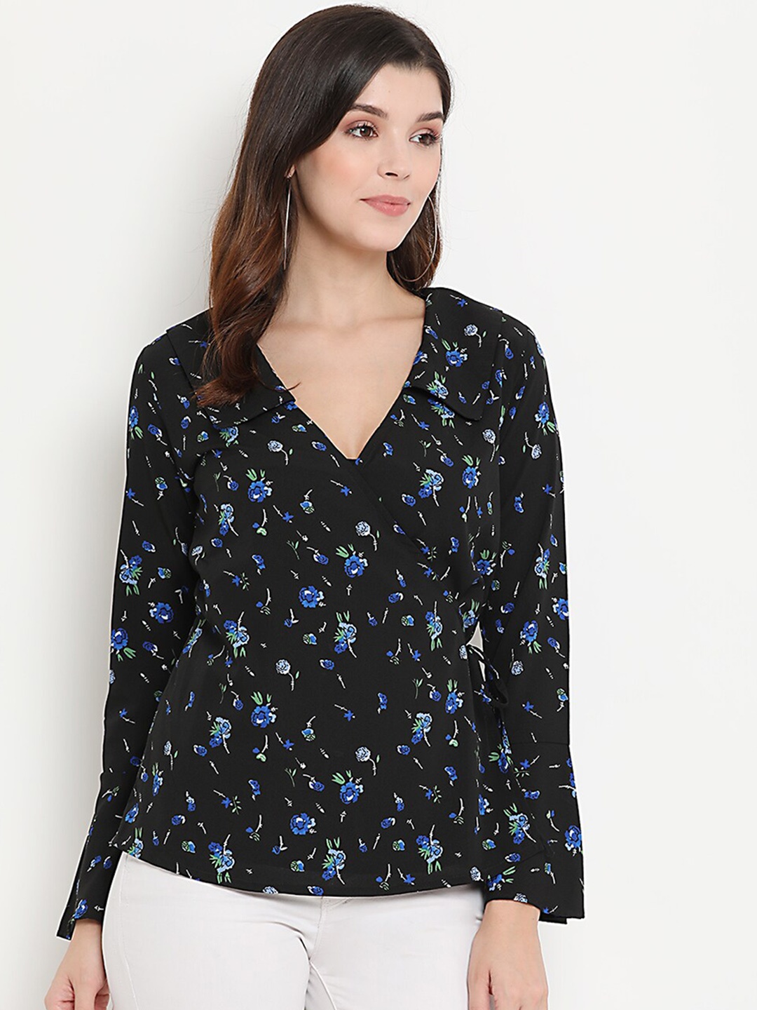 

THREAD MUSTER Women Black Floral Printed Bell Sleeves Crepe Wrap Top