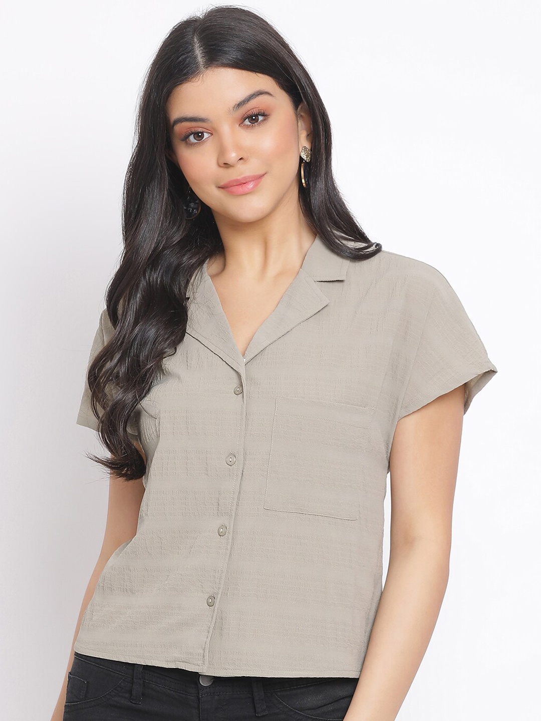 

Oxolloxo Women Grey Regular Fit Striped Casual Shirt