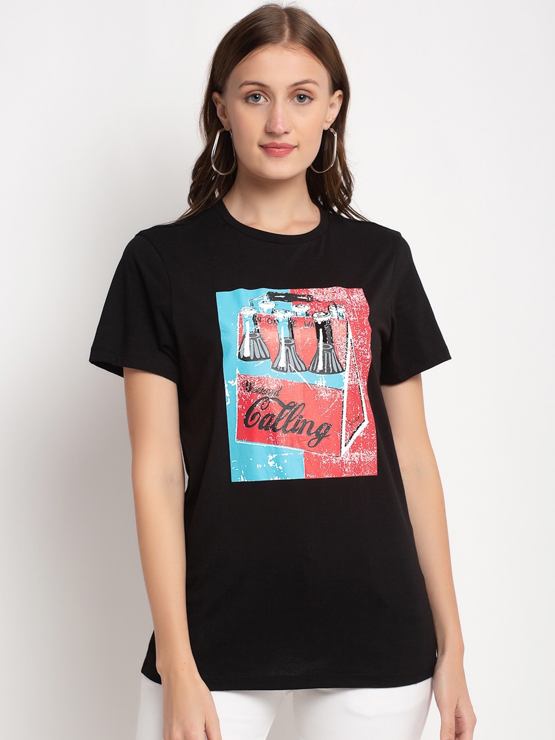 DOOR74 Women Black Printed Round Neck T-shirt