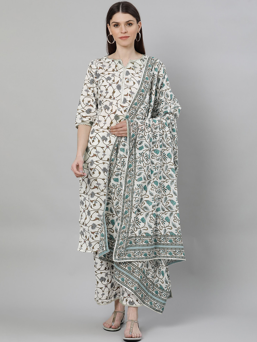 

Libas Women White Floral Printed Pleated A-Line Pure Cotton Kurta & Palazzos With
