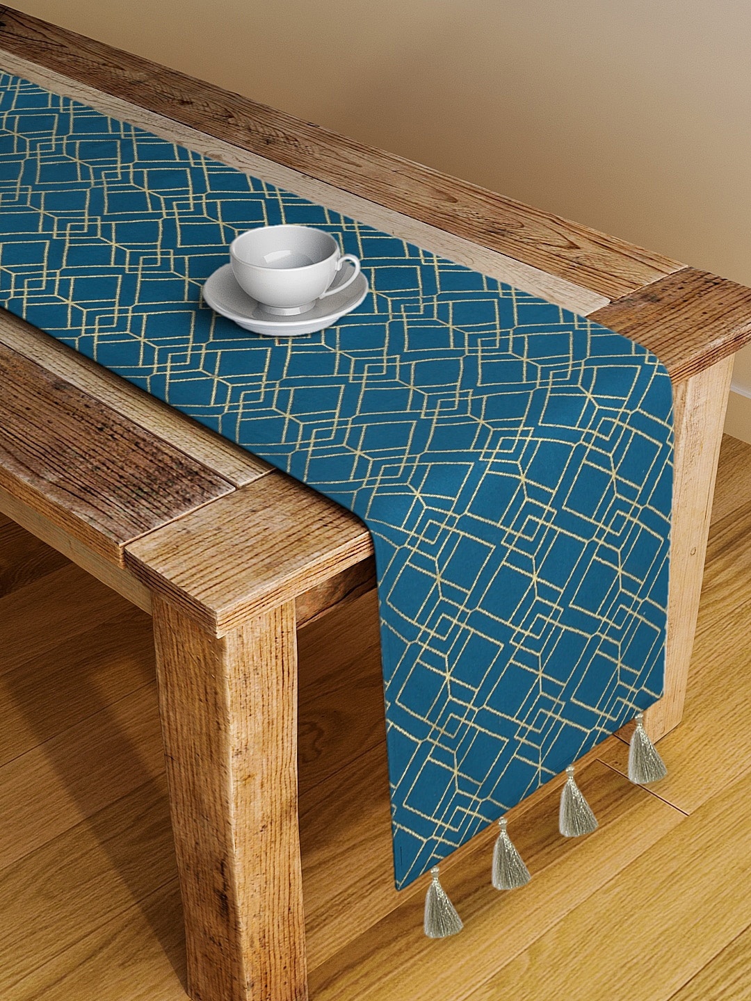 

BLANC9 Teal Blue & Gold-Toned Geometric Foil Printed Cotton Table Runner