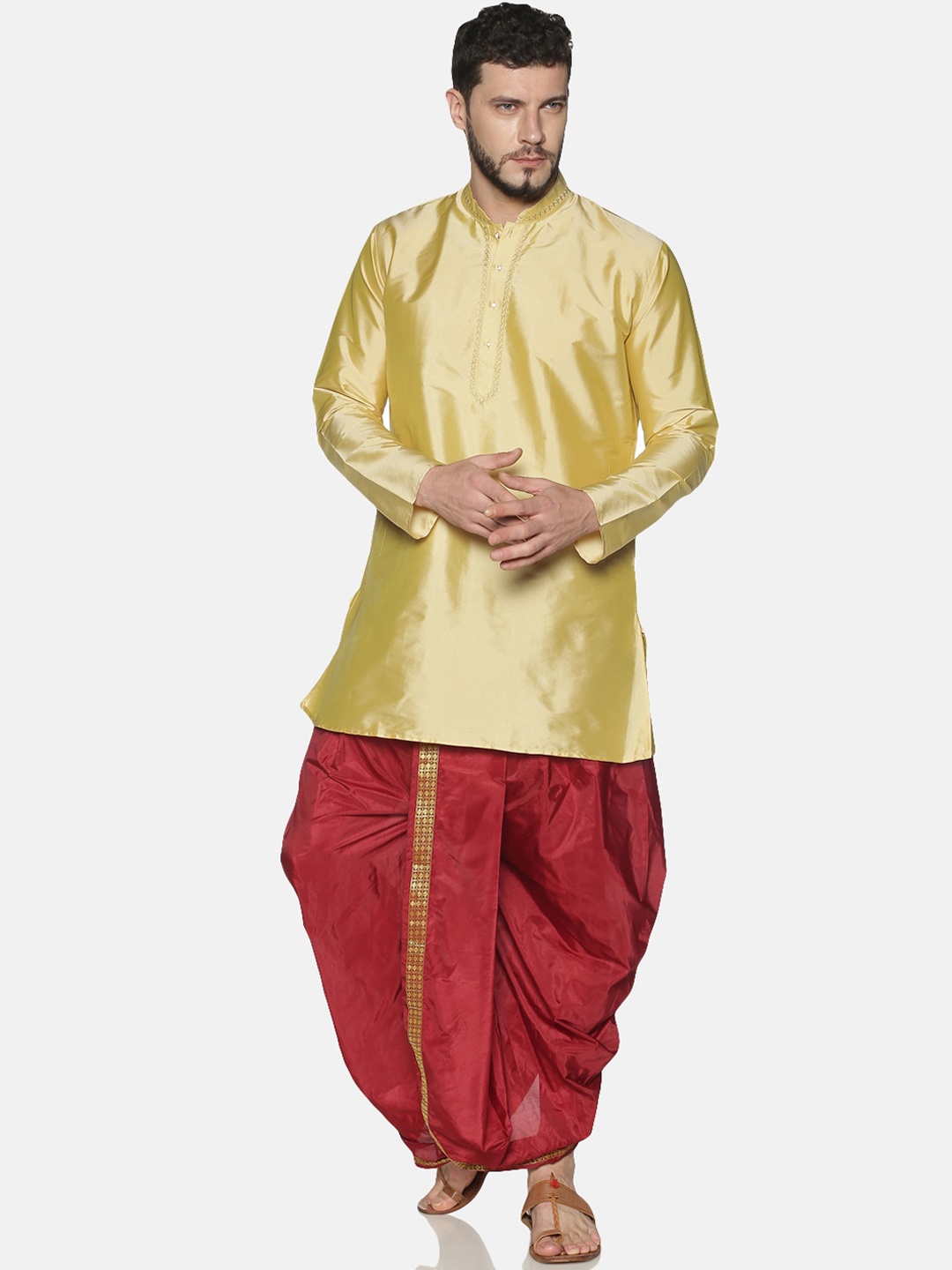 

TATTVA Men Beige & Red Solid Kurta with Dhoti Pants
