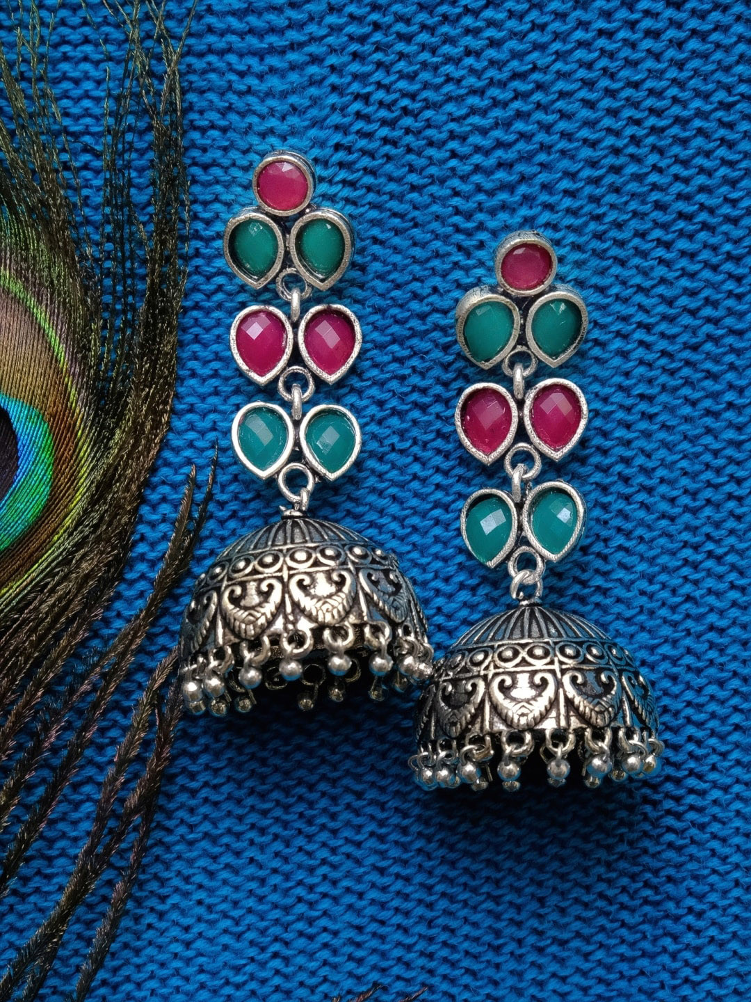 

Crunchy Fashion Silver-Toned Contemporary Jhumkas