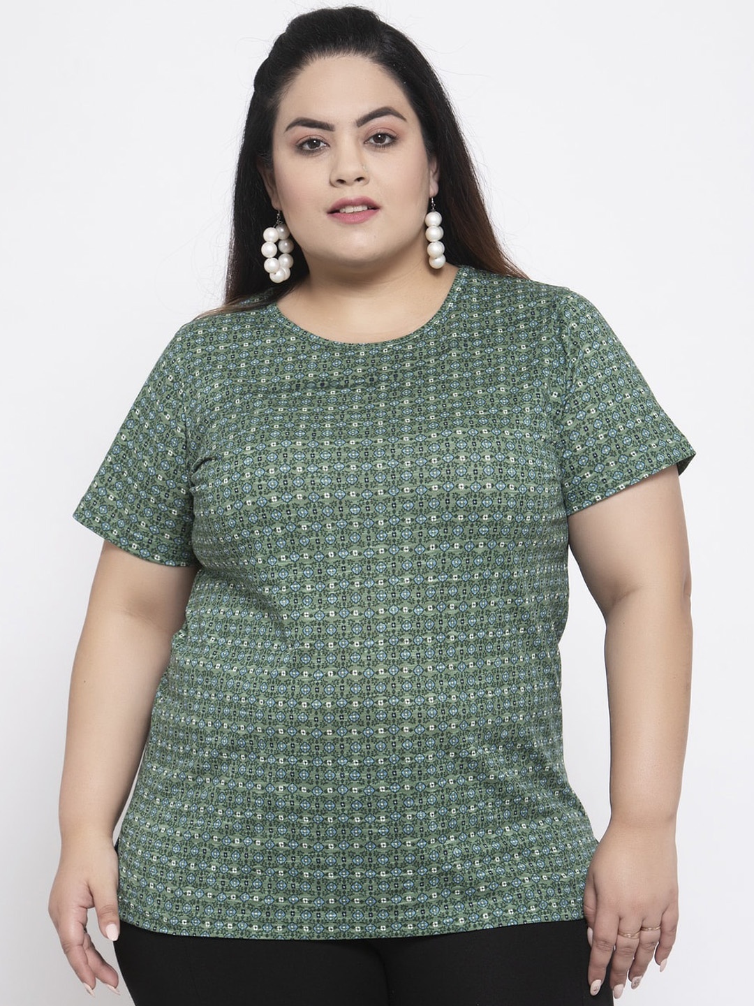 

plusS Women Green Printed Round Neck T-shirt