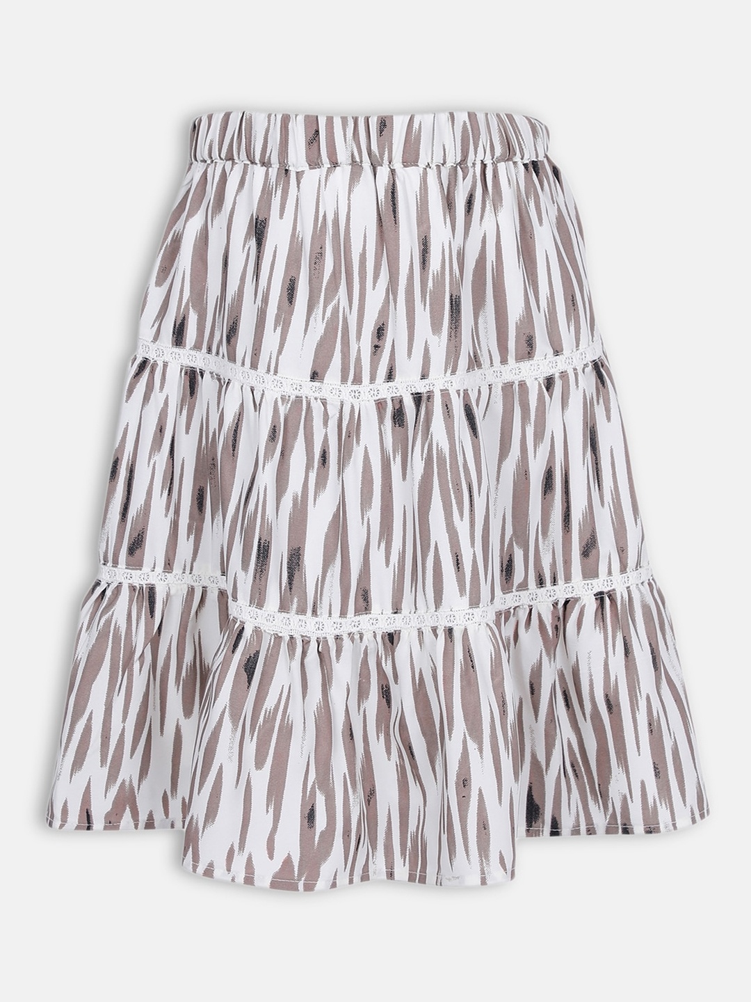 

Oxolloxo Girls White & Beige Printed Knee Length Tiered Skirt