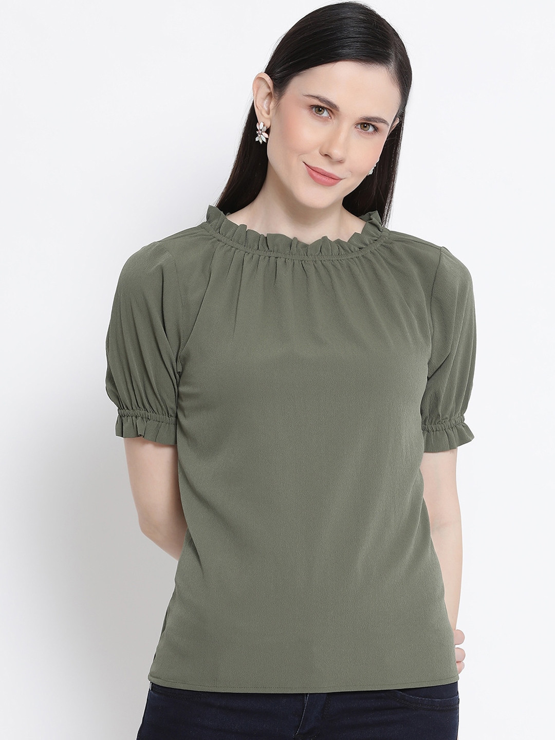 

Oxolloxo Women Green Solid Puff Sleeves Top