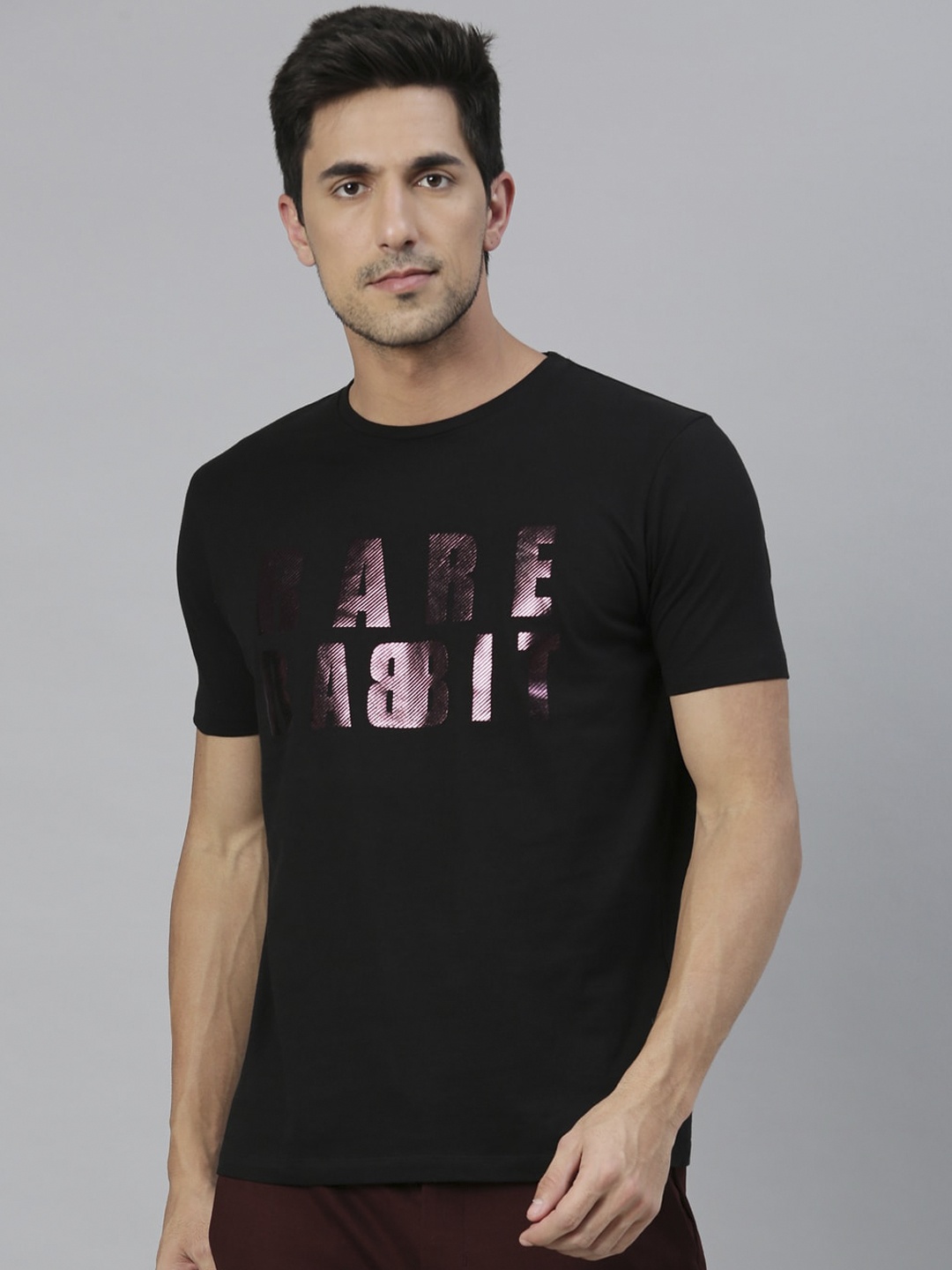 RARE RABBIT Men Electric Slim Fit Printed Round Neck T-Shirt, Black