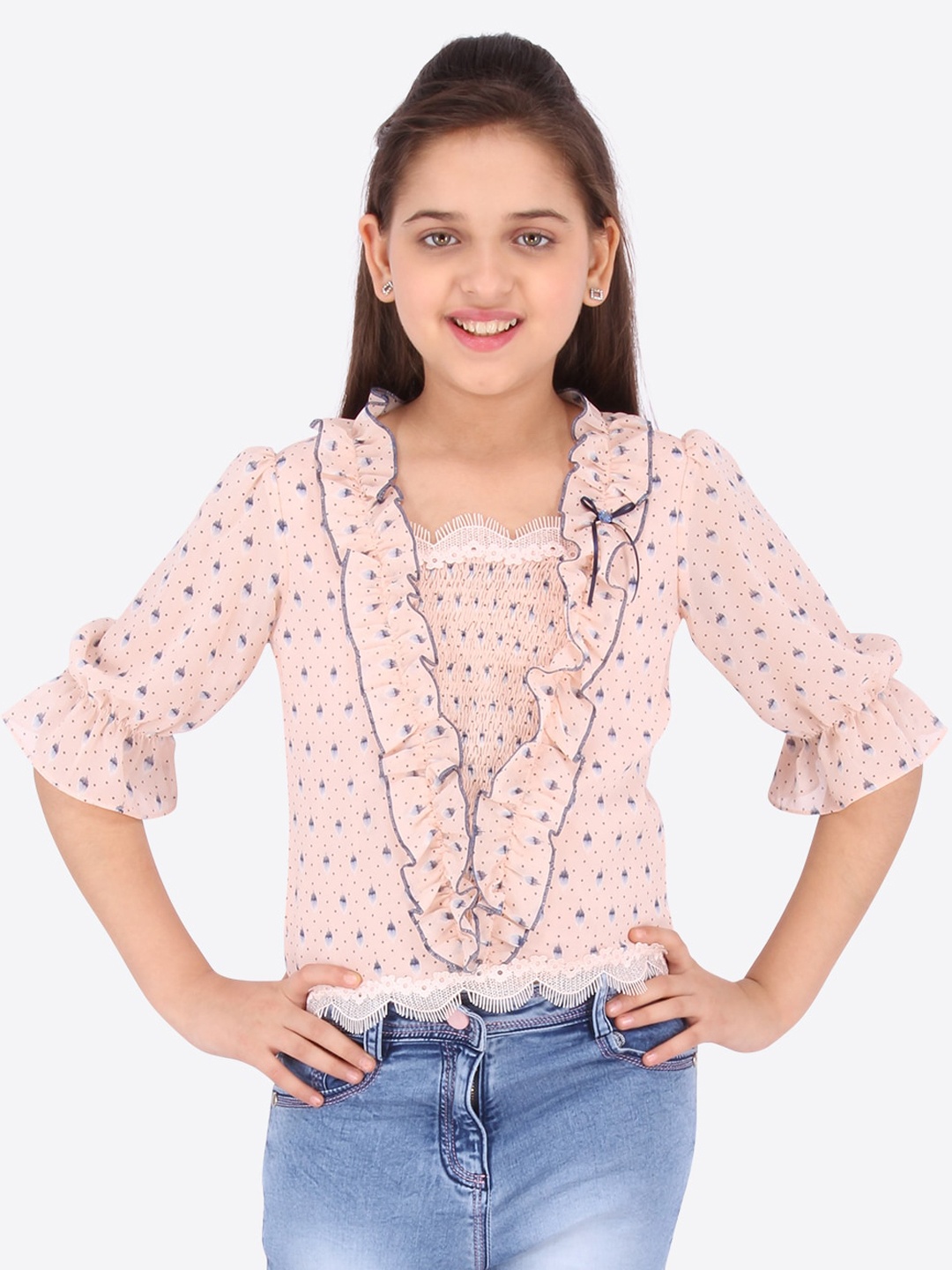 

CUTECUMBER Peach-Coloured Printed Bell Sleeves Georgette Top