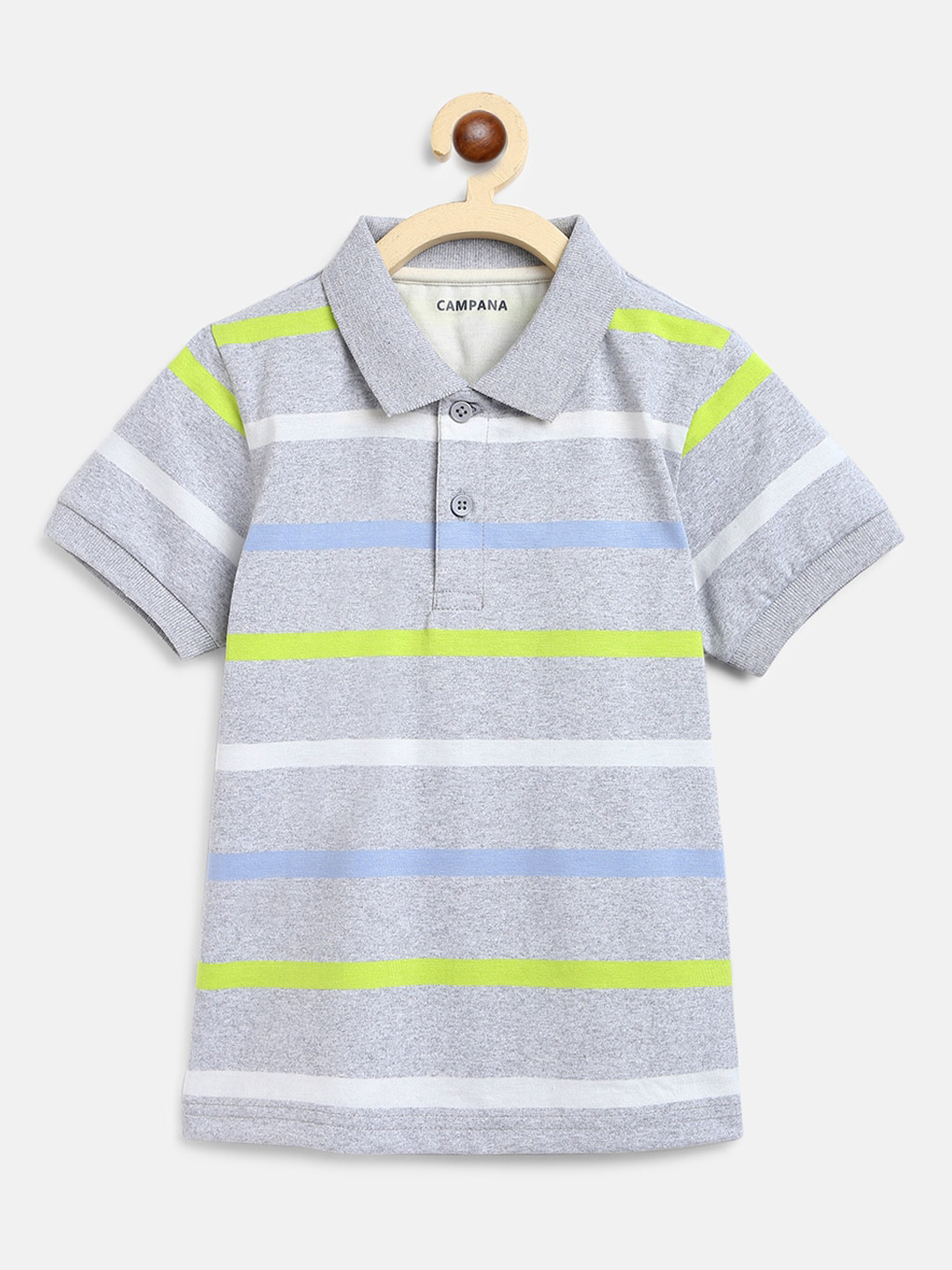 

Campana Boys Grey & Green Striped Polo Collar T-shirt
