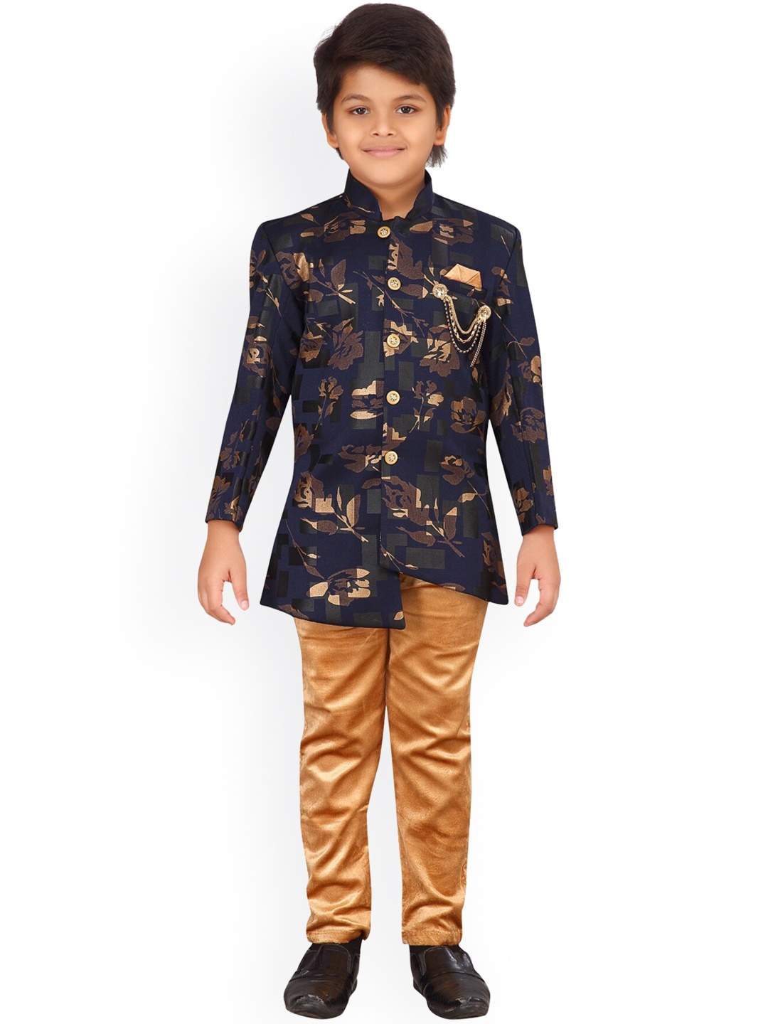 

Aj DEZInES Boys Navy Blue & Gold-Coloured Printed Sherwani