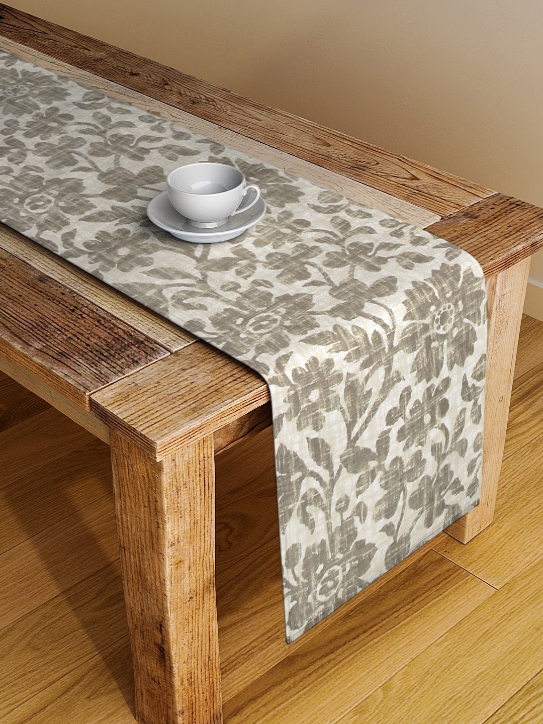 BLANC9 Beige & Brown Floral Printed Cotton Table Runner