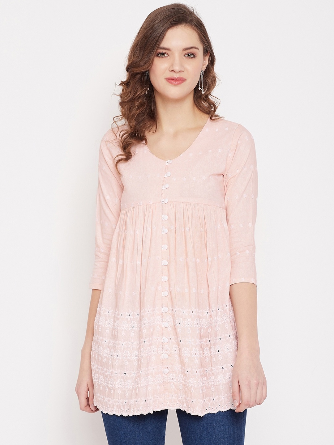 

PANIT Peach-Coloured Geometric Embroidered Schiffli Top