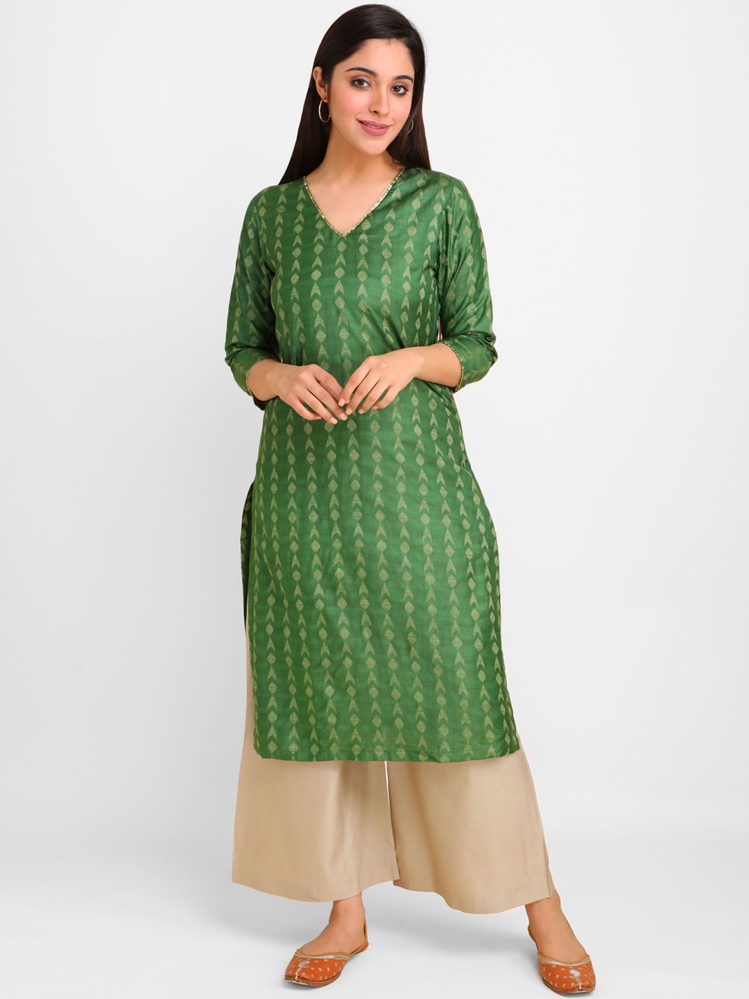 

lal10 Women Green Striped Dobby Kurta
