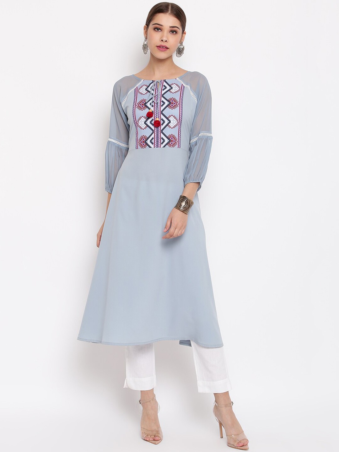 

Janasya Women Blue Geometric Yoke Design Crepe Kurta