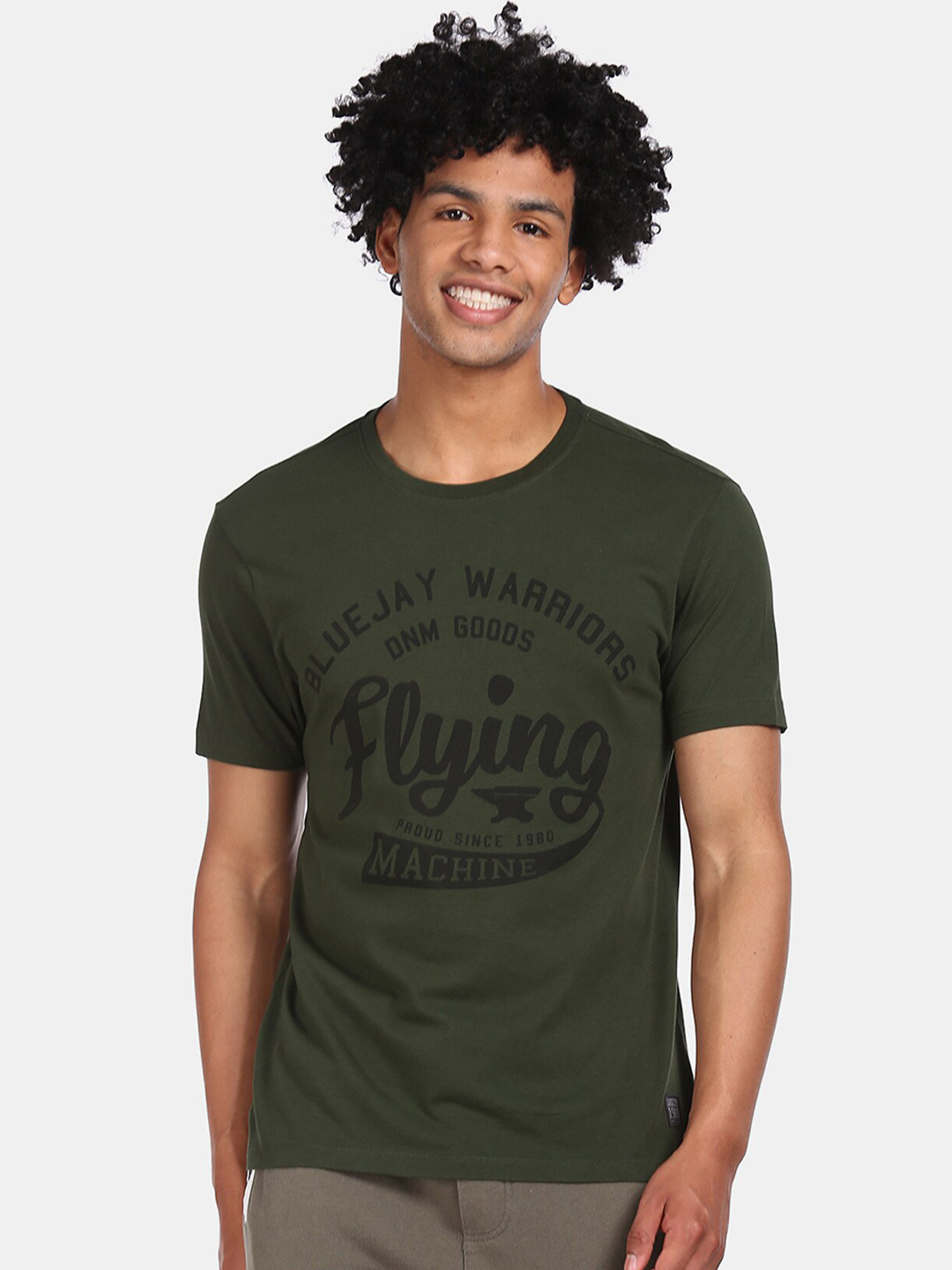 

Flying Machine Men Olive Green Printed Round Neck Cotton Pure Cotton T-shirt